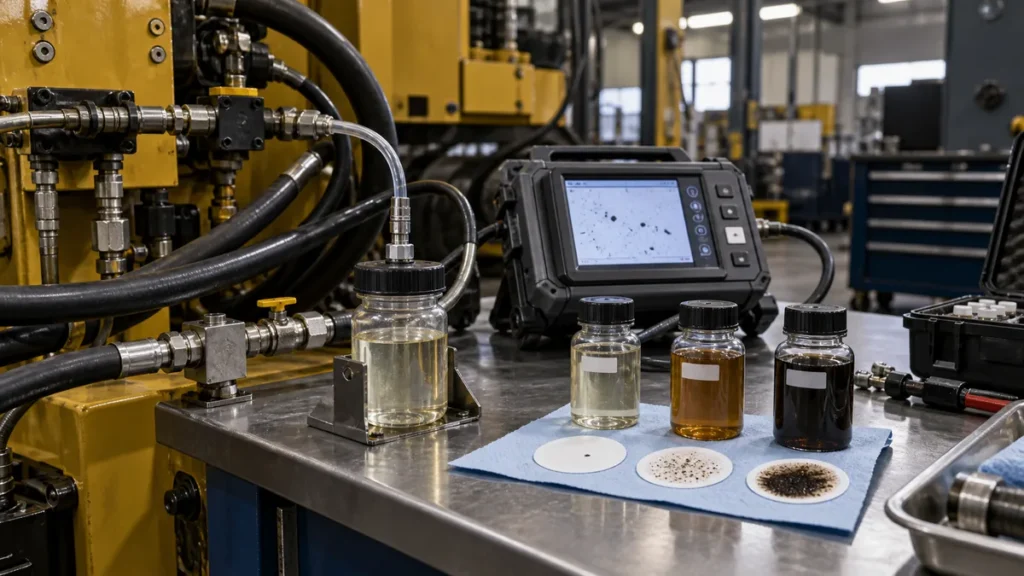 Verniz no sistema hidráulico em contexto industrial técnico e realista