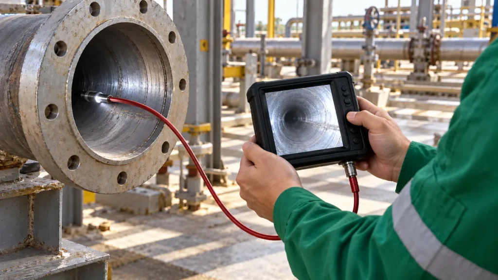 Videoinspeção ao vivo de tubulação industrial como parte da verificação de limpeza