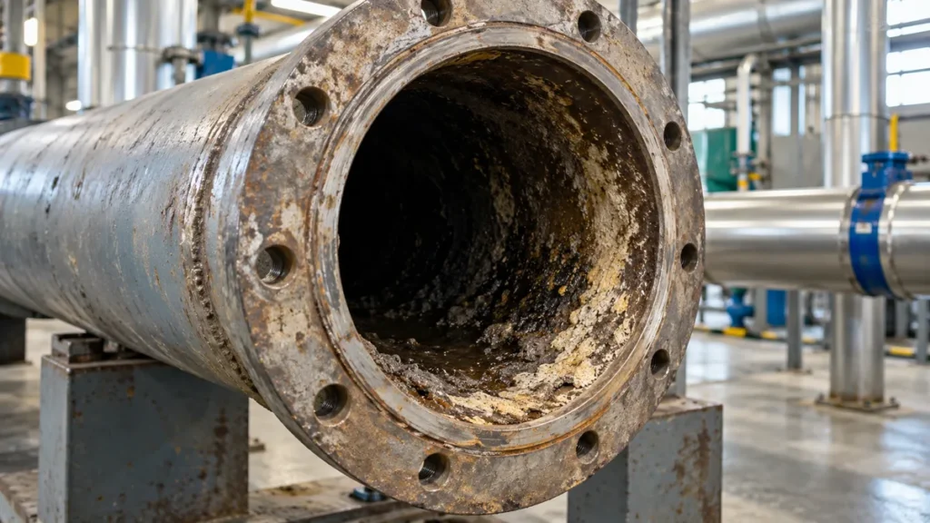 Interior de tubulação industrial com depósitos ainda não identificados, em imagem ilustrativa