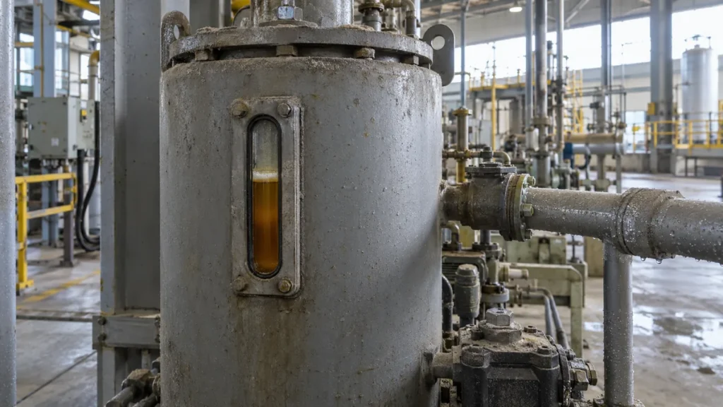 Reservatório de óleo industrial em inspeção após longa parada