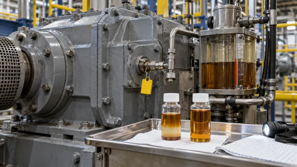 Redutor industrial com duas amostras de óleo para investigação de água