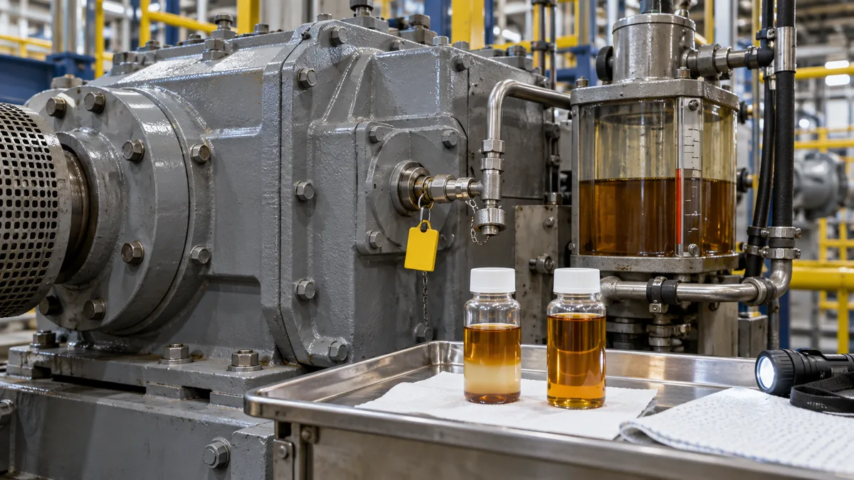 Redutor industrial com duas amostras de óleo para investigação de água