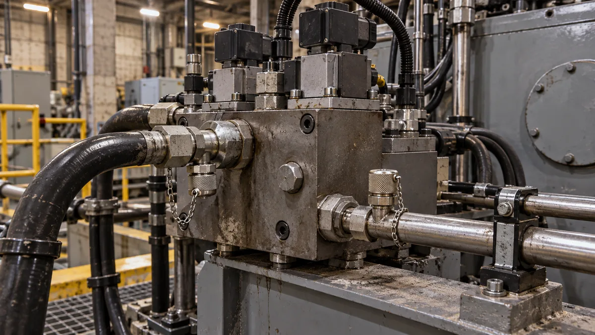 Manifold hidráulico e pontos de coleta em circuito industrial