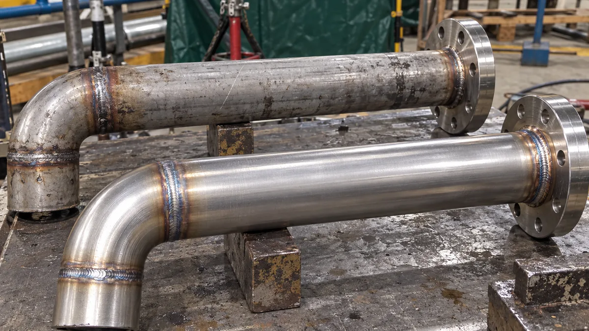 Trechos de tubulação inox com soldas e acabamento de superfície