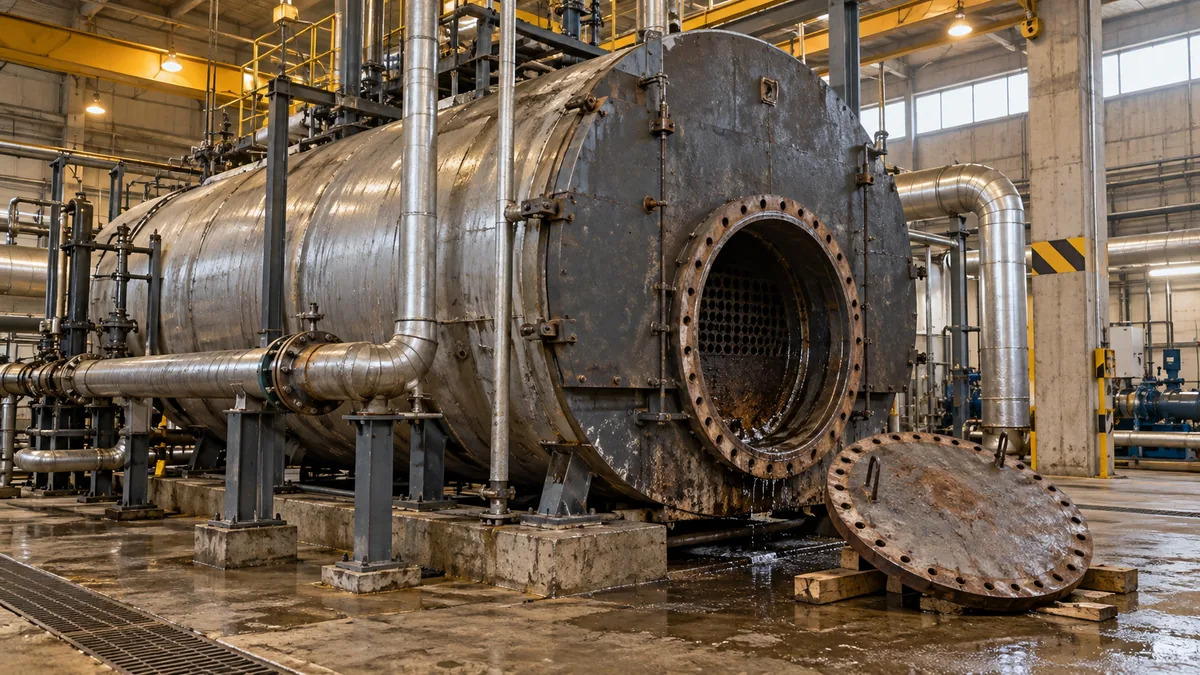 Caldeira industrial com acesso de inspeção aberto