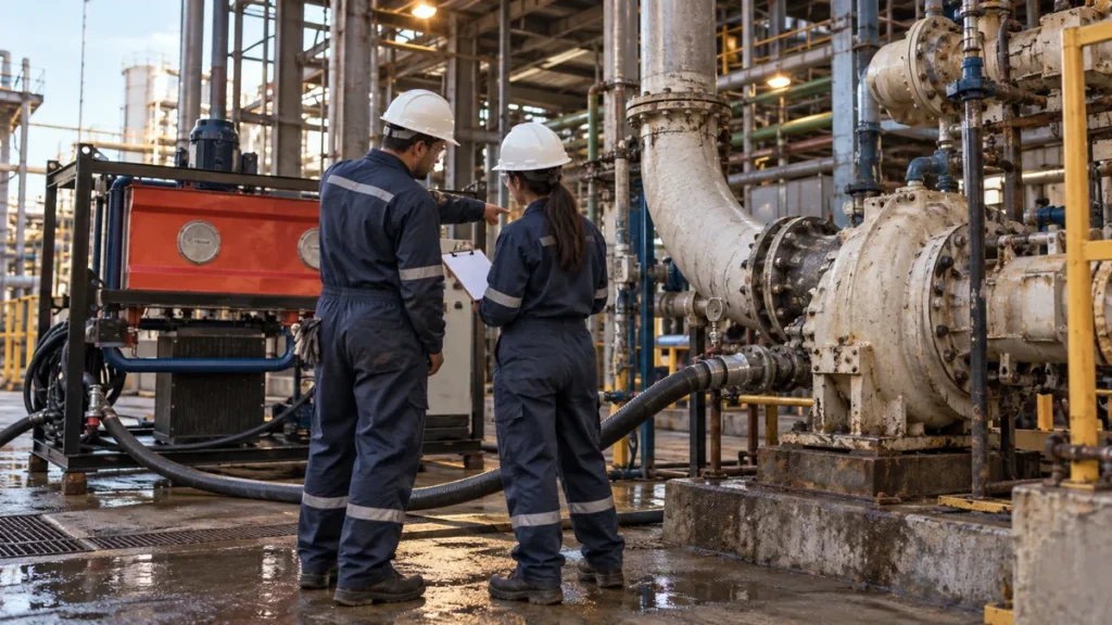 Equipe de manutenção do cliente em azul avalia unidade temporária e tubulação industrial antes da contratação