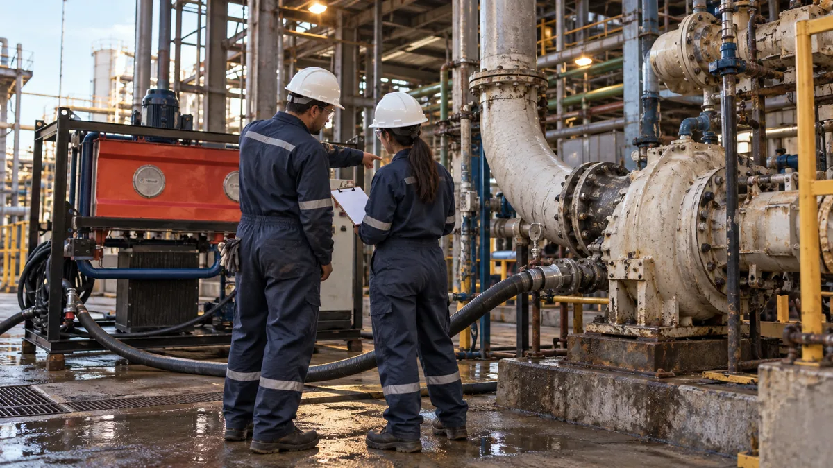 Equipe de manutenção do cliente em azul avalia unidade temporária e tubulação industrial antes da contratação