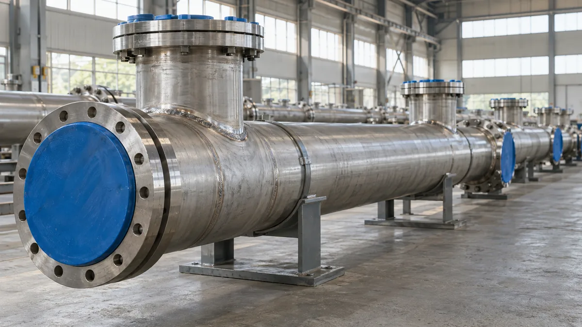 Tubulação de aço inox recém-montada com flanges protegidos antes do comissionamento