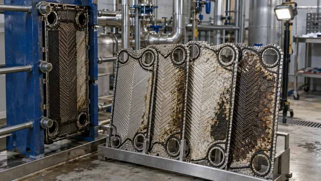 Placas de trocador de calor com depósitos mistos para avaliação de limpeza