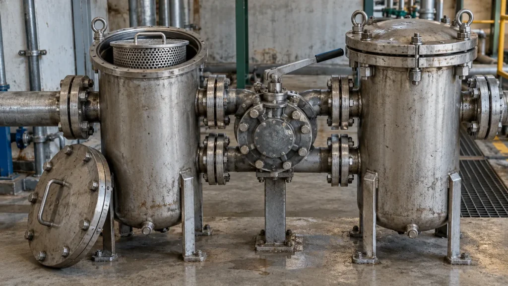 Filtro duplex industrial com duas câmaras e válvula seletora