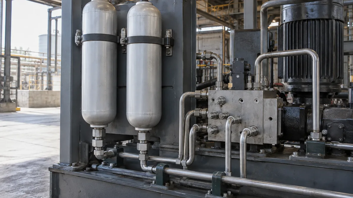 Dois acumuladores hidráulicos e manifold em unidade industrial