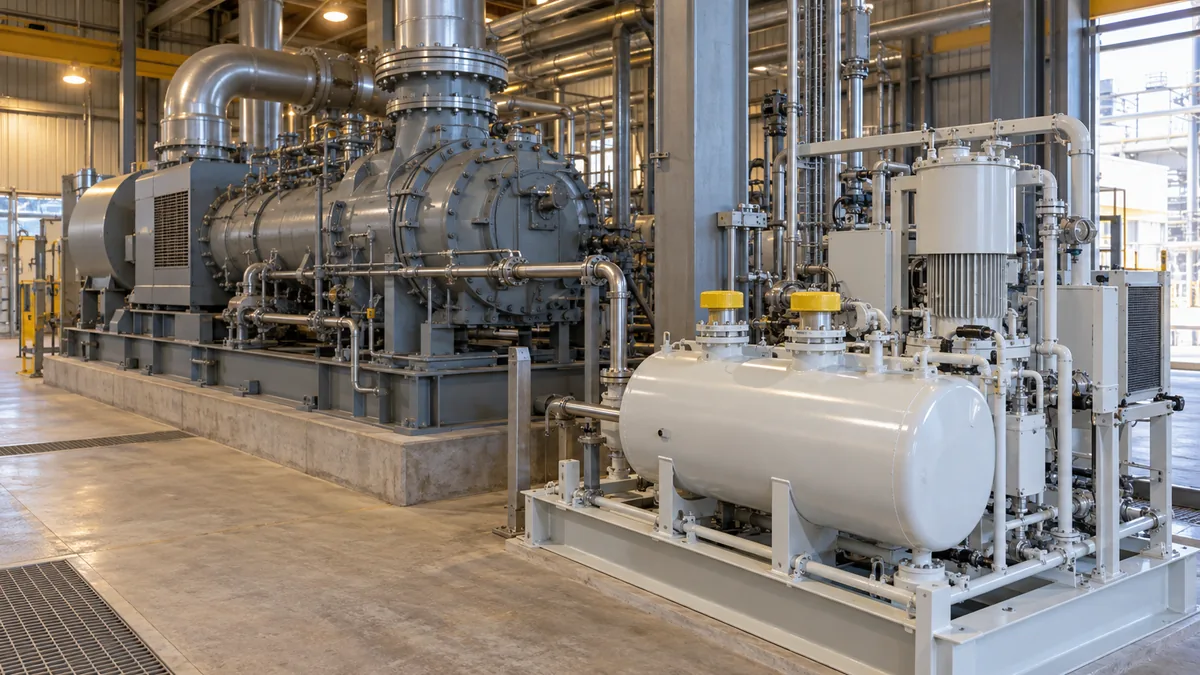 Compressor industrial e unidade separada de óleo lubrificante em casa de máquinas