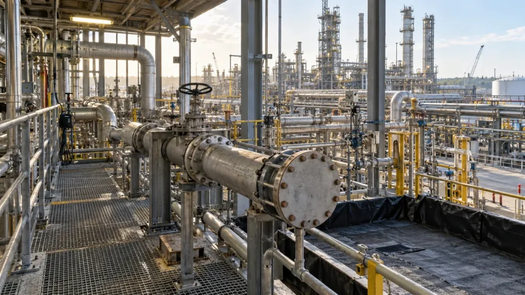 Tubulação isolada em área de refinaria durante planejamento de parada