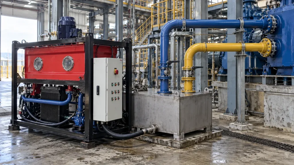 Unidade de flushing industrial conectada a reservatório compartilhado e dois circuitos em área de manutenção