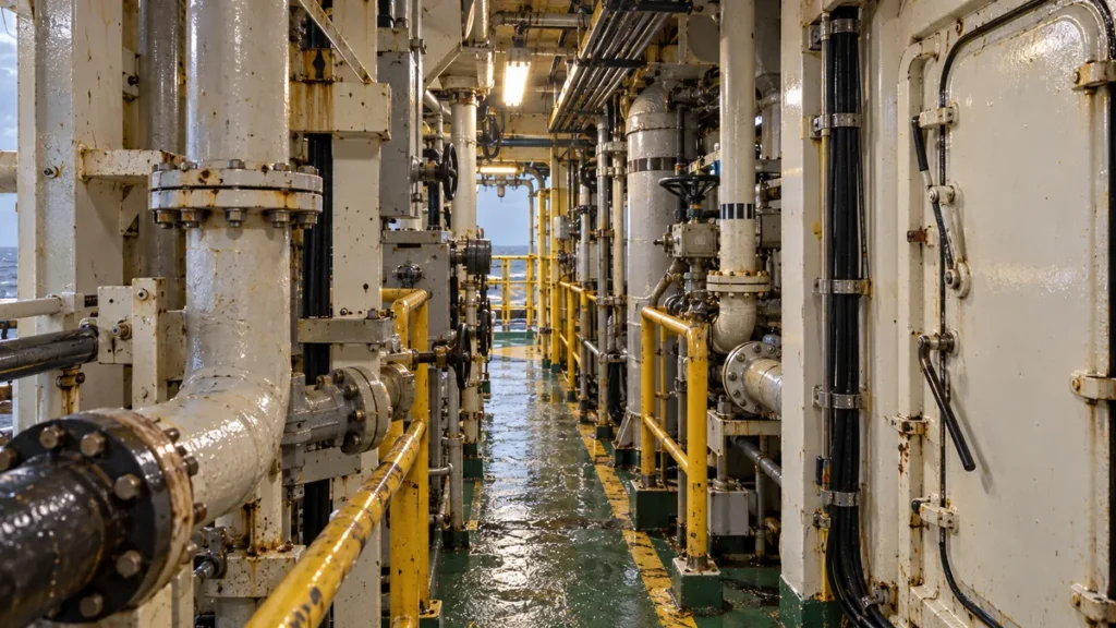 Corredor estreito de máquinas e tubulações em instalação offshore