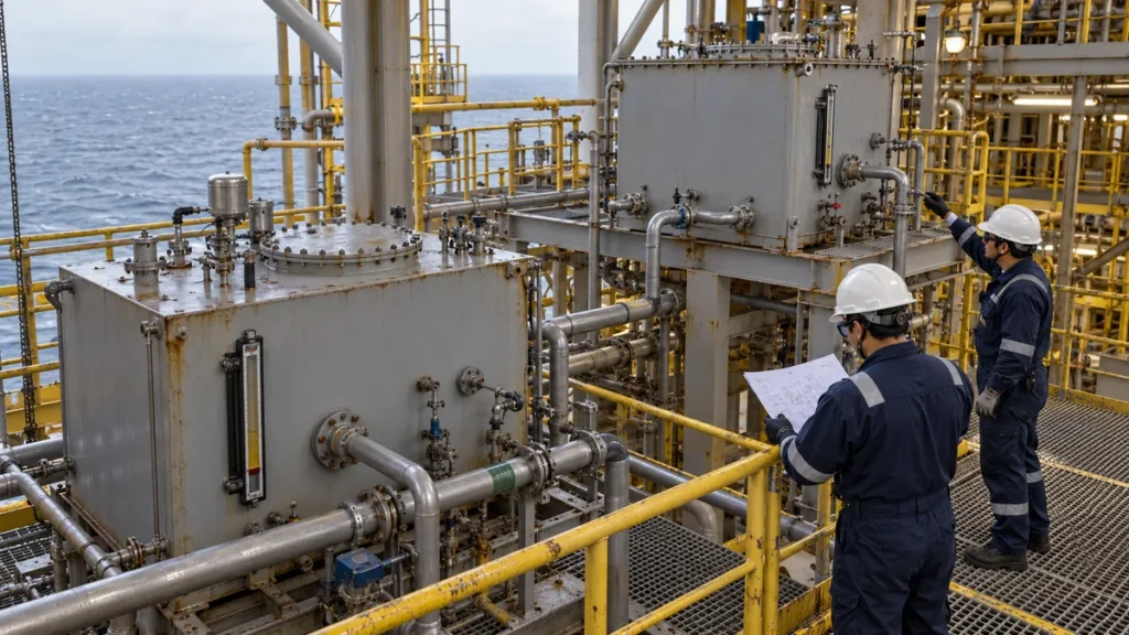 Reservatórios de óleo em níveis diferentes a bordo de FPSO, ilustração