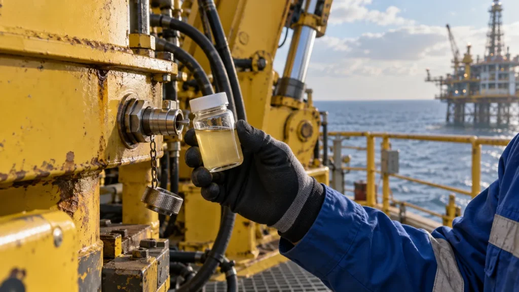 Amostra de óleo hidráulico em guindaste offshore para avaliar umidade, ilustração