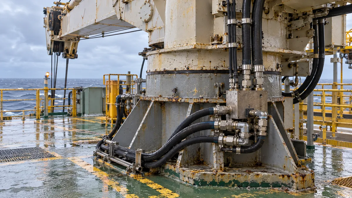 Mangueiras hidráulicas no pedestal de guindaste offshore