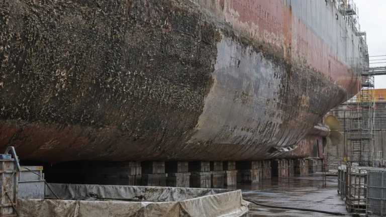 Casco de navio em doca seca com áreas de incrustação e acesso de manutenção