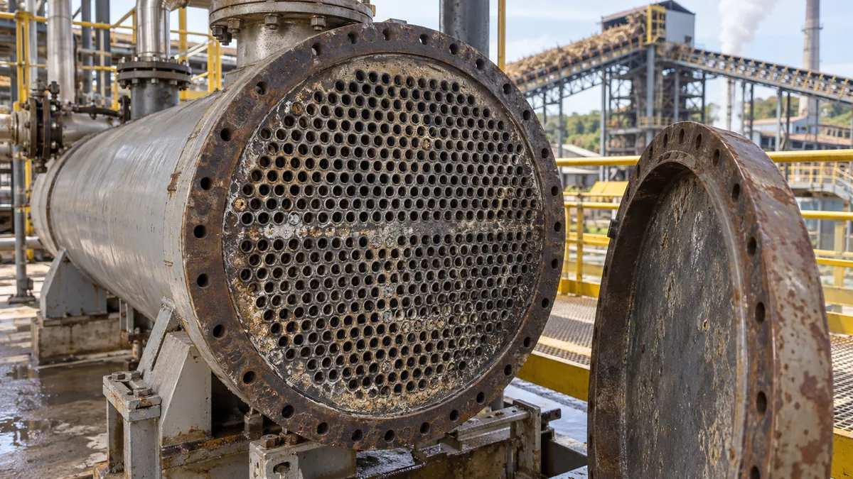 Feixe tubular aberto em usina de açúcar e etanol, em manutenção na entressafra