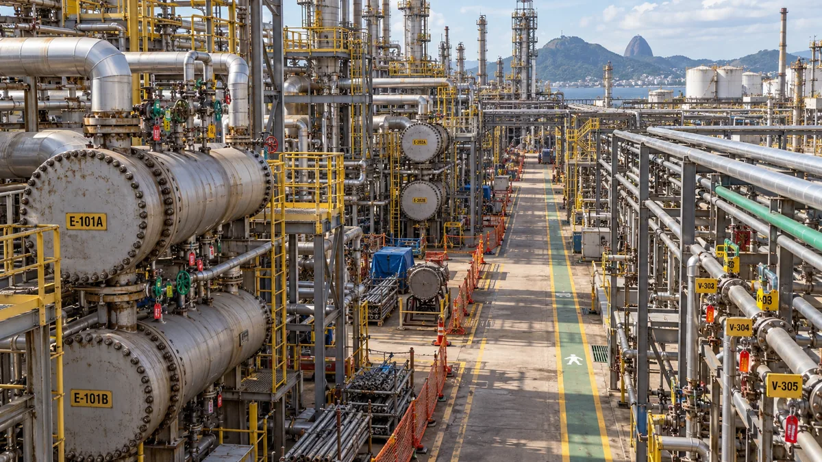 Área de processo de refinaria com equipamentos e frentes planejadas para parada
