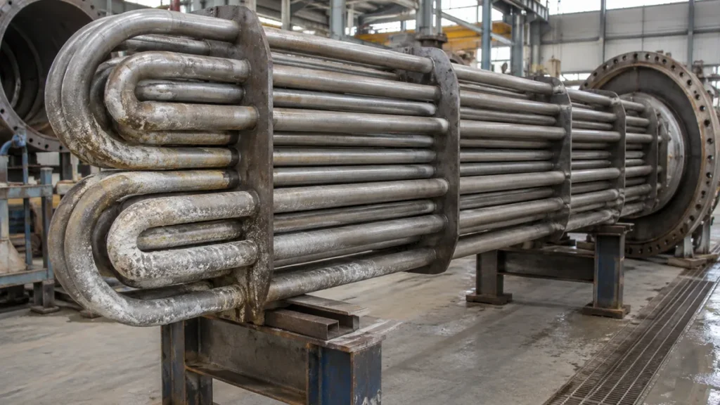 Serpentina industrial desmontada e apoiada para inspeção de acesso