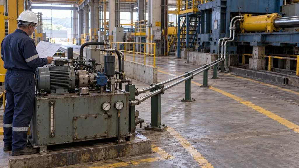 Unidade hidráulica ligada por linhas a cilindro remoto em planta industrial, ilustração
