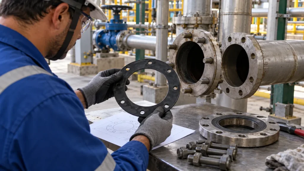 Técnico de manutenção inspeciona junta elastomérica de flange em tubulação industrial, ilustração
