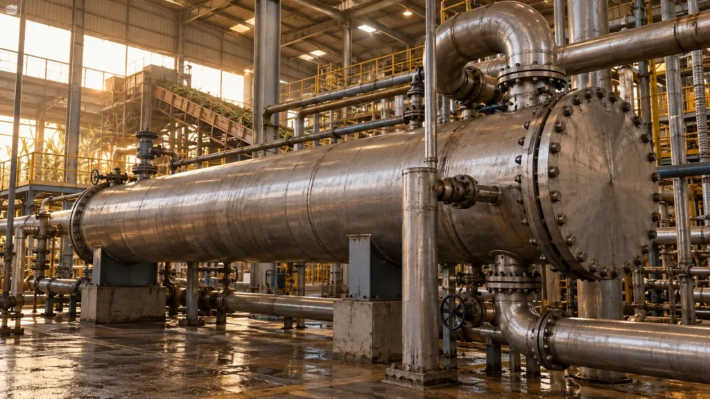 Aquecedor de caldo em usina de açúcar e etanol, com tubulação industrial