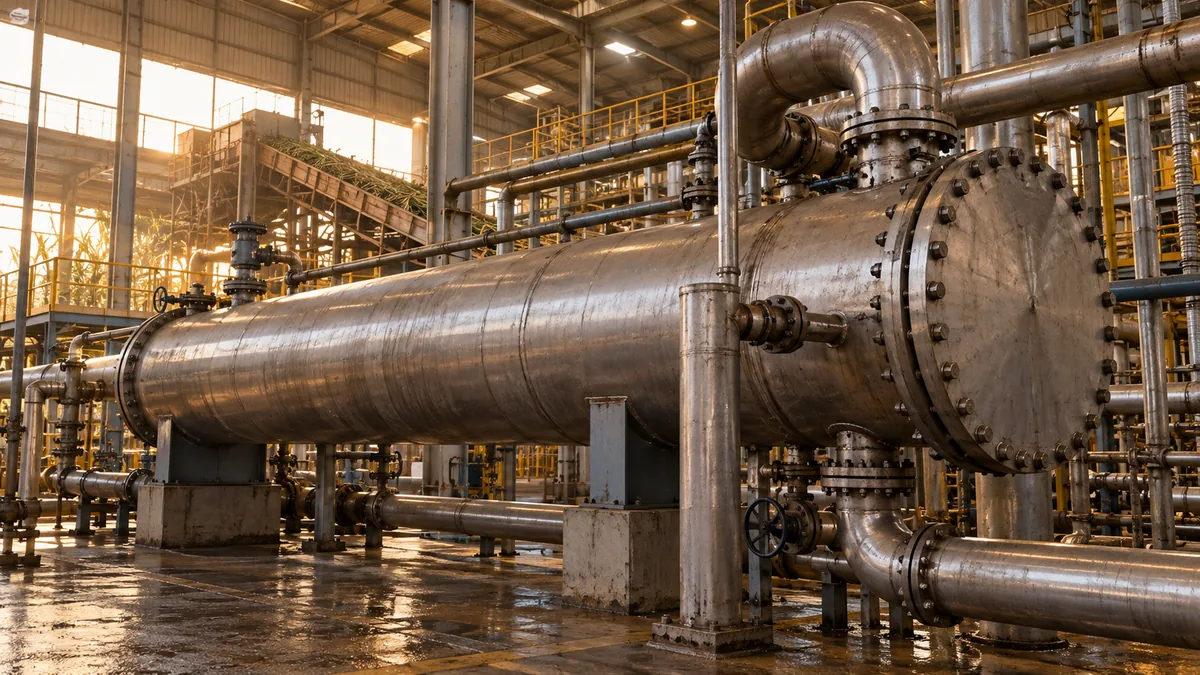 Aquecedor de caldo em usina de açúcar e etanol, com tubulação industrial