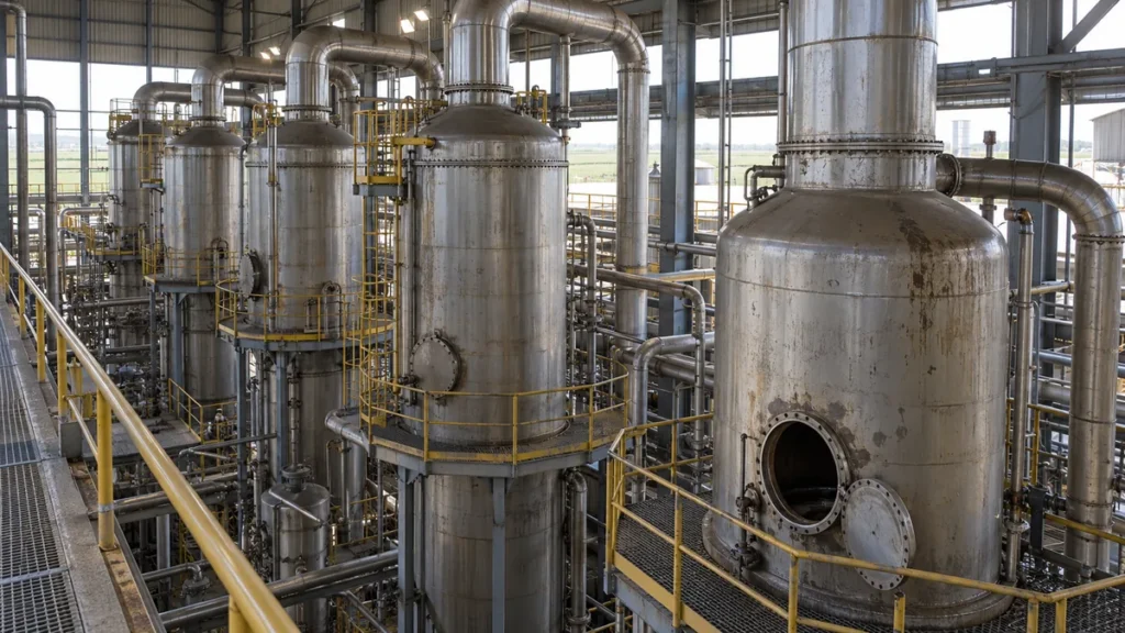 Conjunto de evaporadores industriais de usina na entressafra