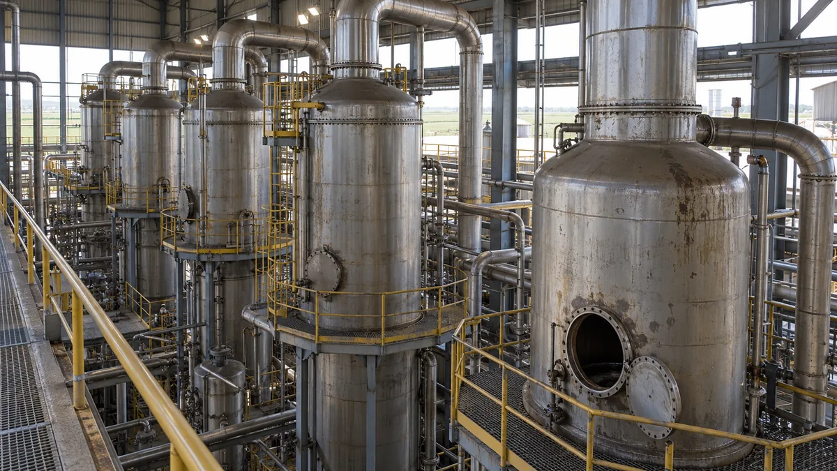 Conjunto de evaporadores industriais de usina na entressafra