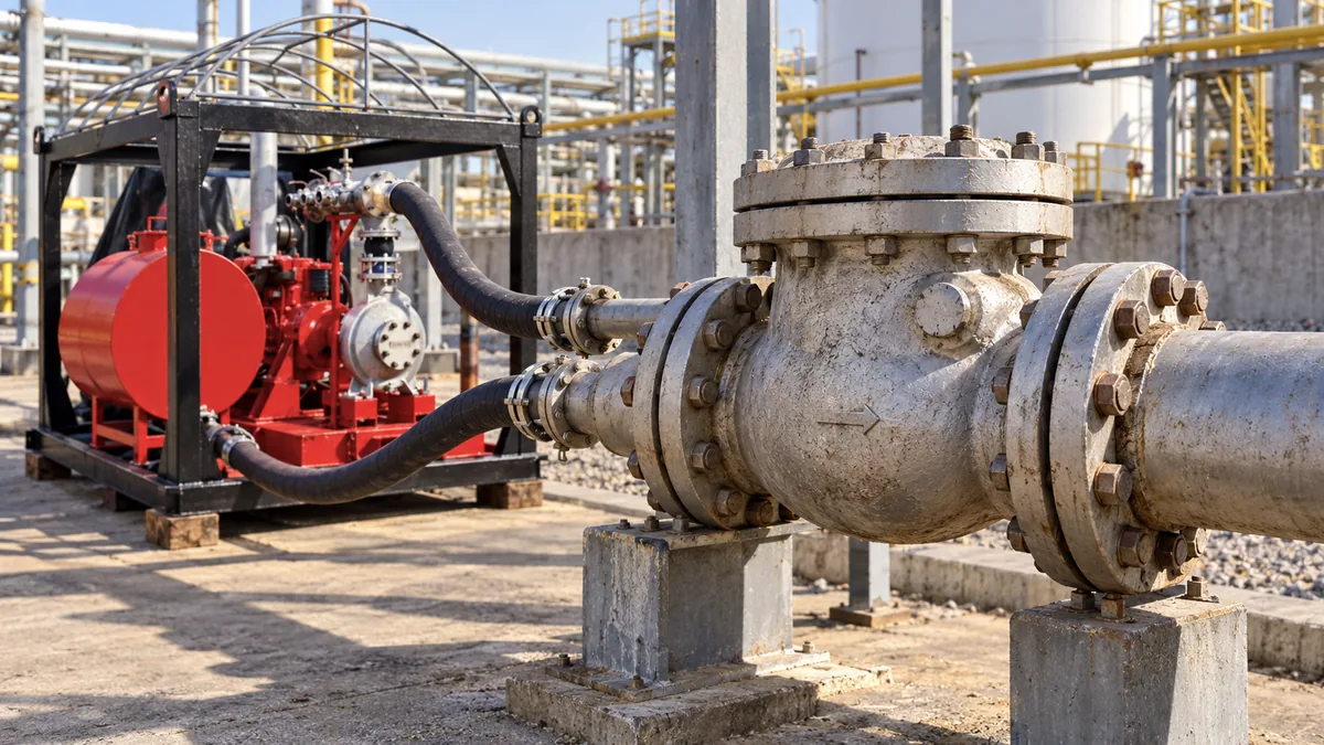 Válvula de retenção em linha industrial com unidade temporária de limpeza química