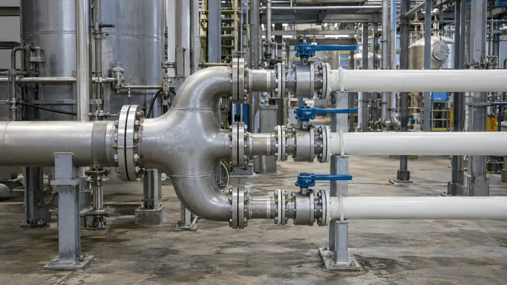 Coletor industrial com três ramais paralelos e válvulas em planta de processo