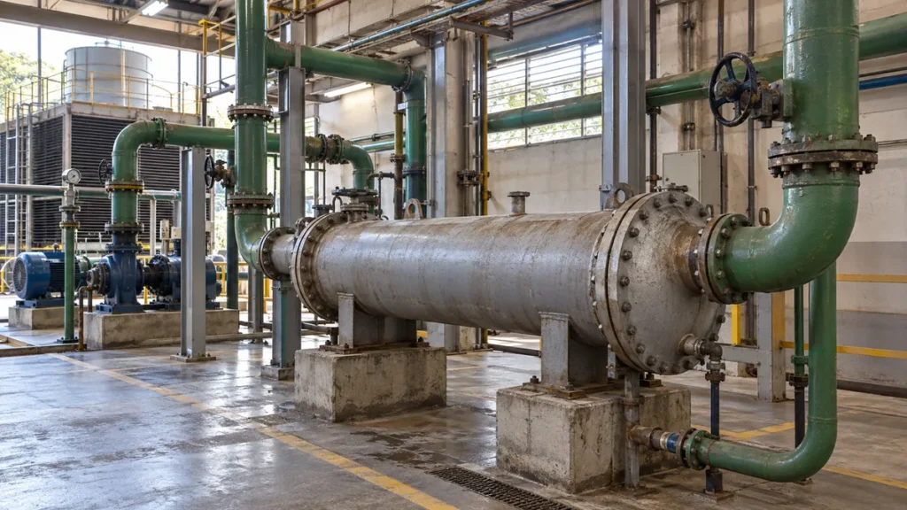 Tubulação e trocador em circuito industrial de resfriamento