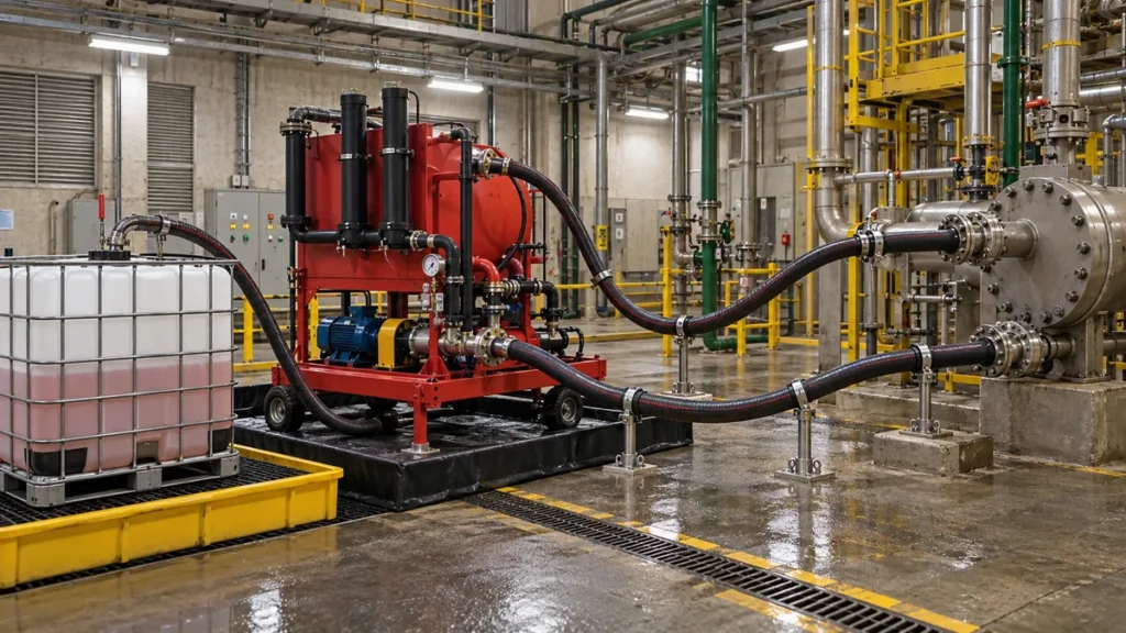 Linha temporária conectada a vaso industrial para limpeza química