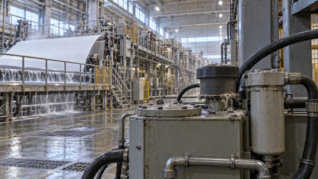 Unidade de óleo ao lado de máquina de papel em fábrica