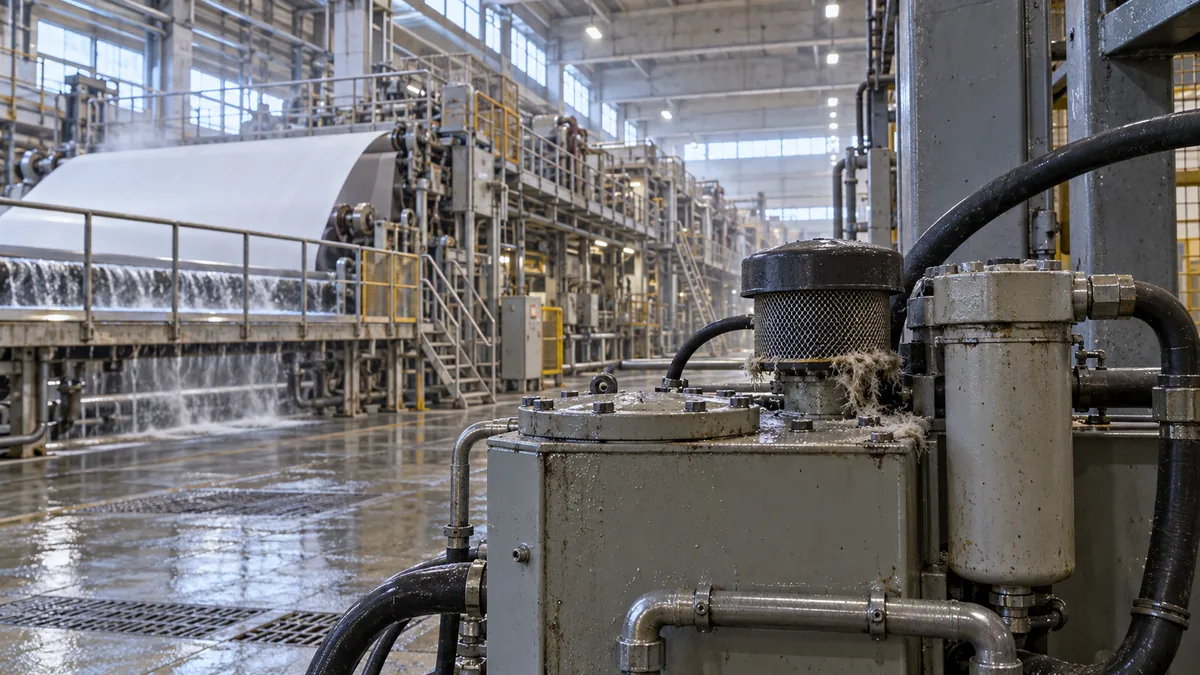 Unidade de óleo ao lado de máquina de papel em fábrica