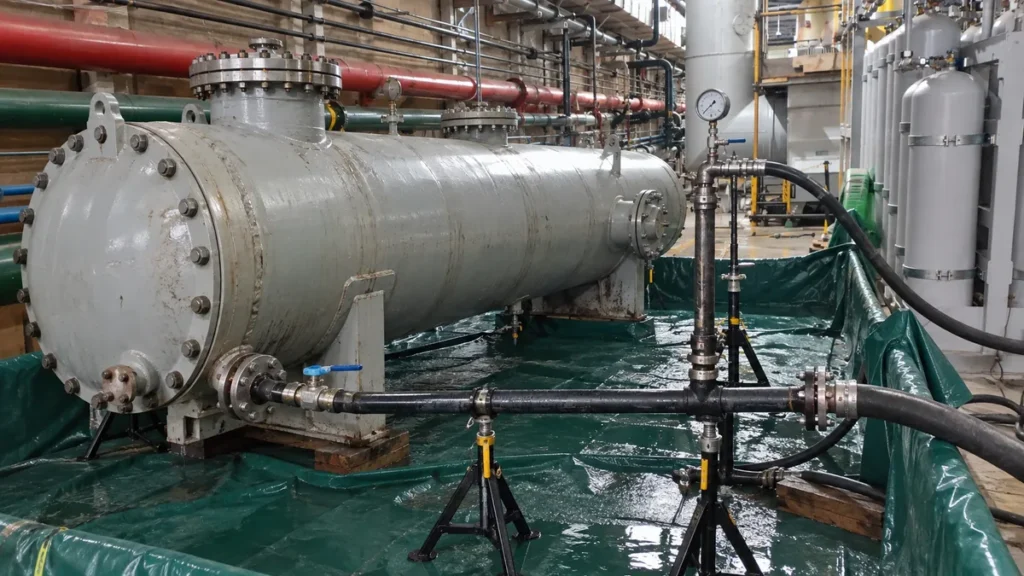 Vaso de pressão industrial preparado para teste hidrostático