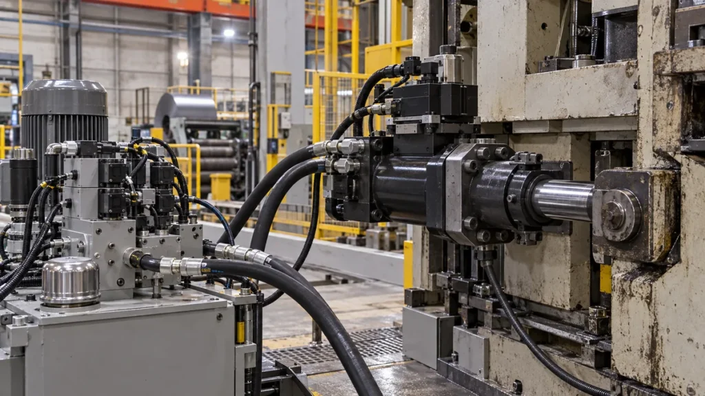 Servoacionamento e unidade hidráulica em máquina industrial