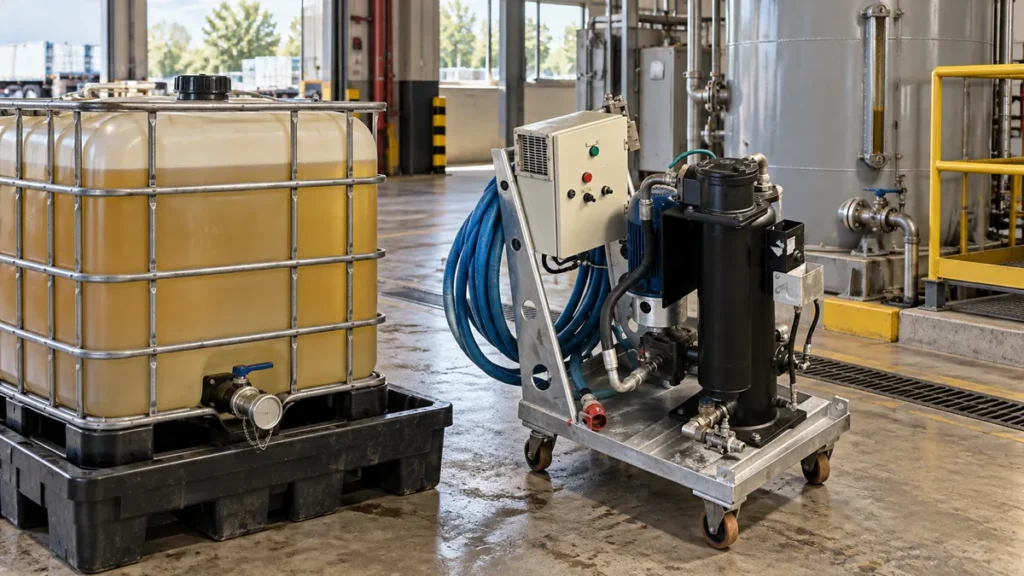 IBC de oleo industrial recebido em area de fabrica ao lado de unidade movel de filtragem antes da transferencia