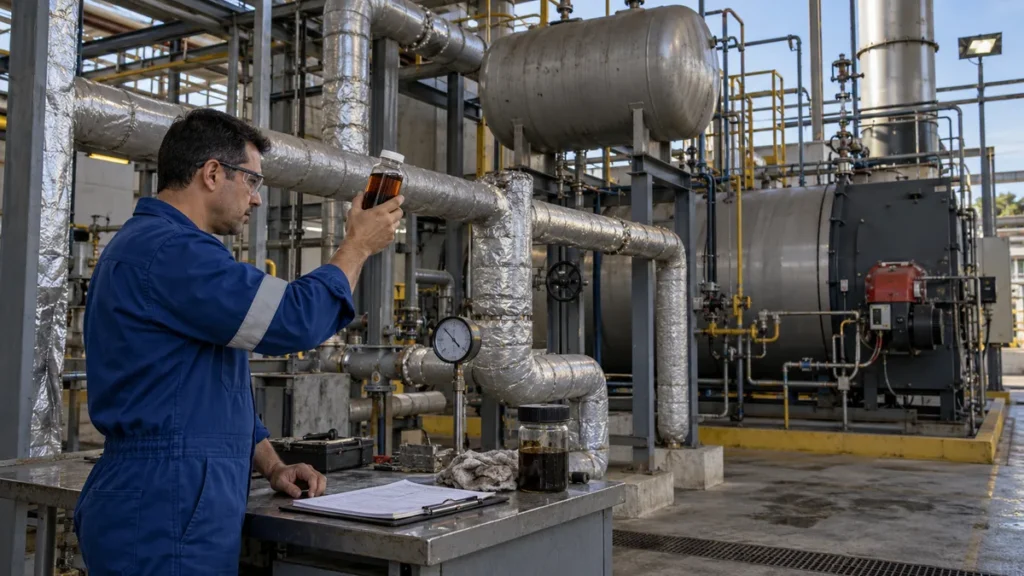 Técnico avalia amostra escura de óleo térmico em sistema industrial de aquecimento, ilustração