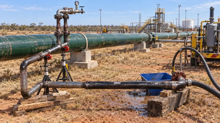 Oleoduto em área industrial após teste hidrostático