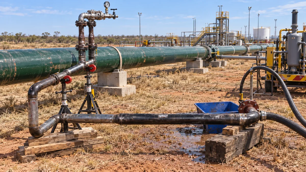 Oleoduto em área industrial após teste hidrostático