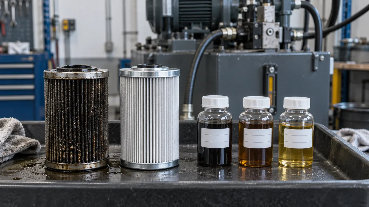 Elementos filtrantes e amostras de óleo para investigar partículas recorrentes