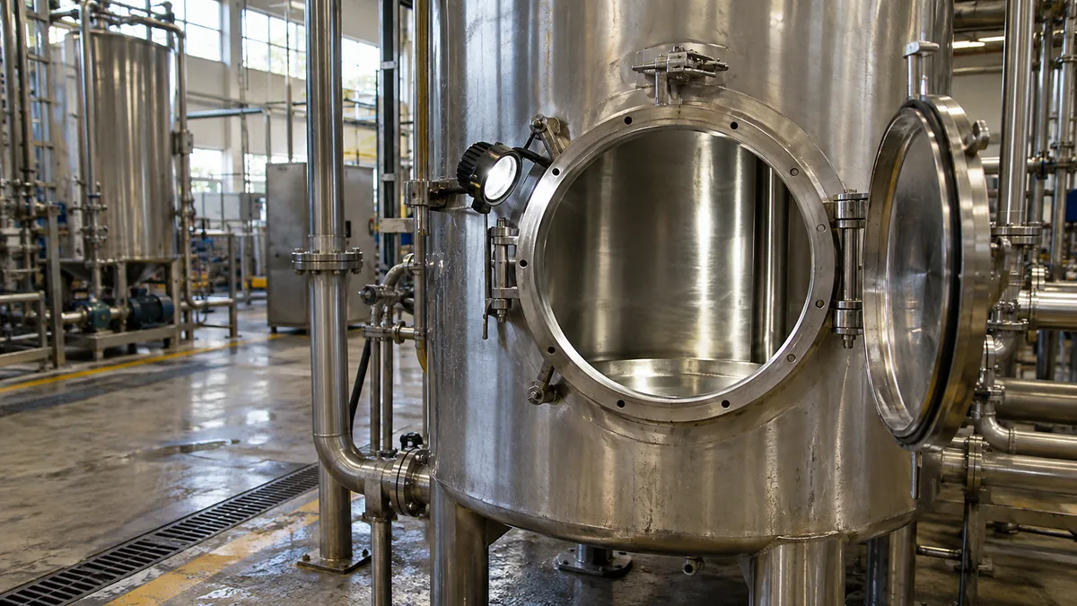 Tanque de aço inox com abertura de inspeção em planta industrial