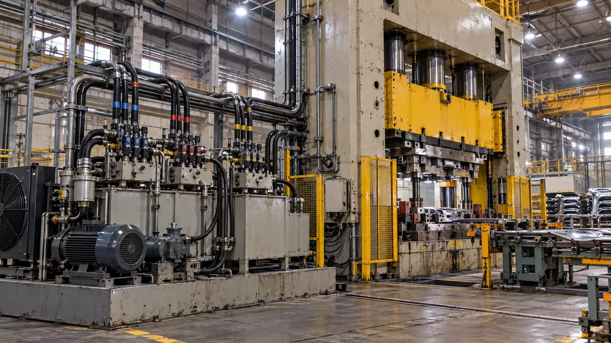 Prensa industrial com circuitos hidráulicos separados