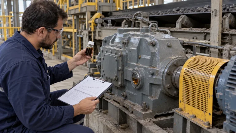 Redutor industrial e amostra de óleo avaliados pela manutenção em planta, ilustração