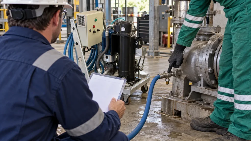 Representante do cliente em azul confere documento técnico junto a equipamento e técnico de uniforme verde