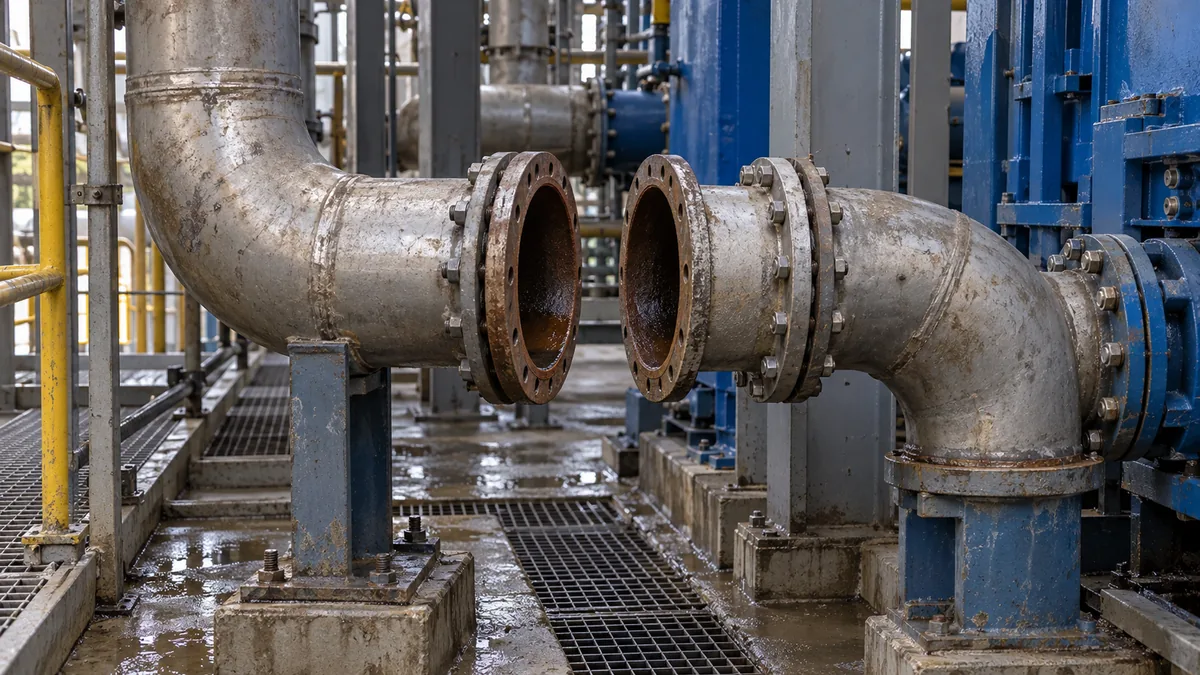 Tubulação industrial de água com curvas e flanges abertos
